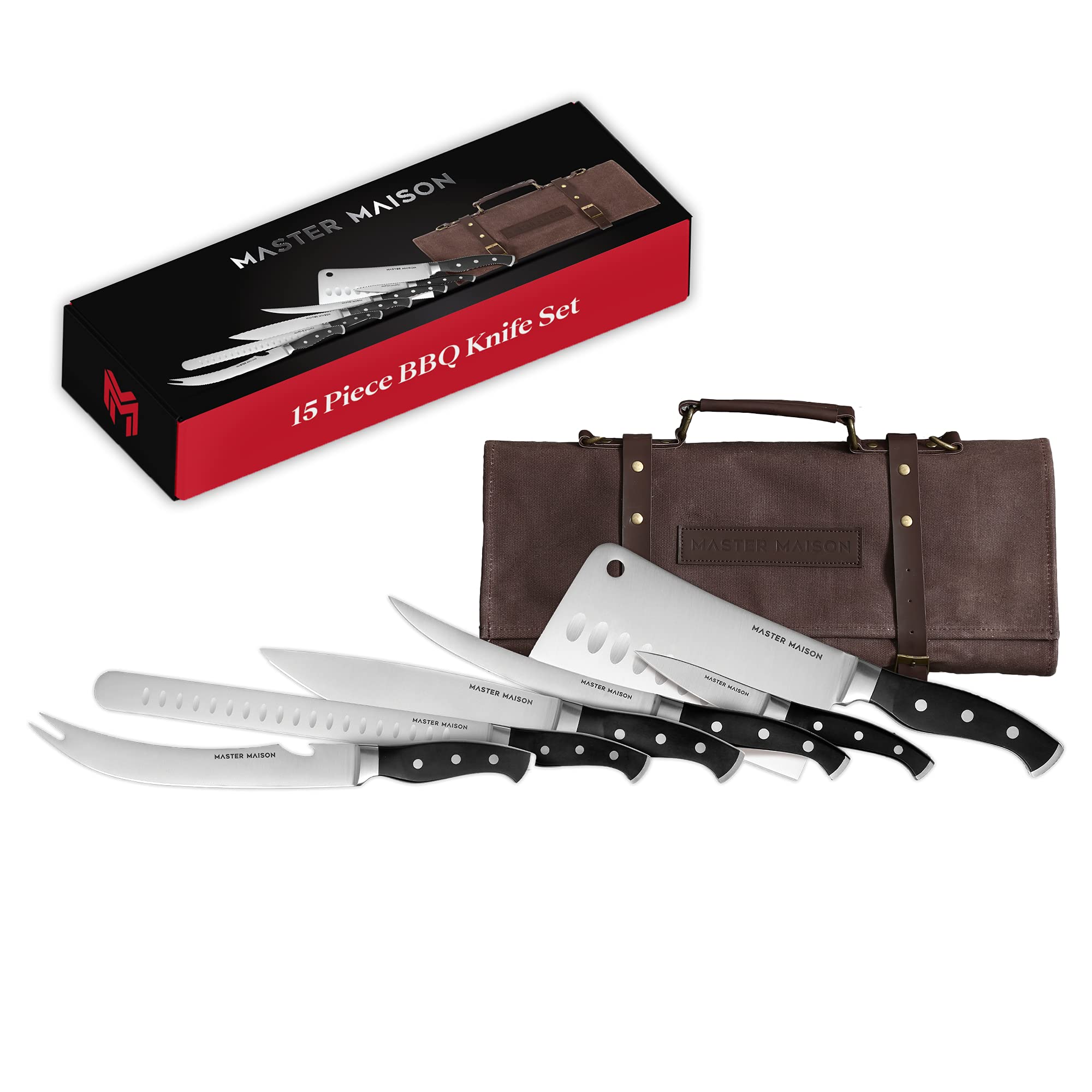 Master Maison 15-Piece Durable Professional Kitchen Knife Set - BBQ Knives, Chef Knives, Kitchen Knives - Honing Rod, Knife Sharpener, 6 Knife Sheaths, & Canvas Bag Carrying Case - Grill Accessories