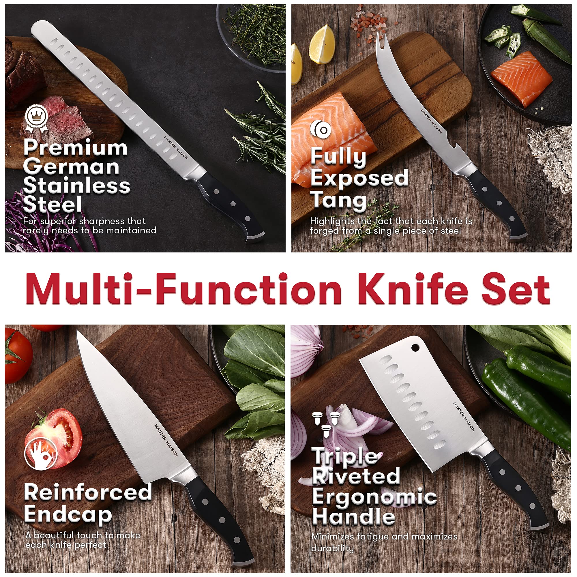 Master Maison 15-Piece Durable Professional Kitchen Knife Set - BBQ Knives, Chef Knives, Kitchen Knives - Honing Rod, Knife Sharpener, 6 Knife Sheaths, & Canvas Bag Carrying Case - Grill Accessories