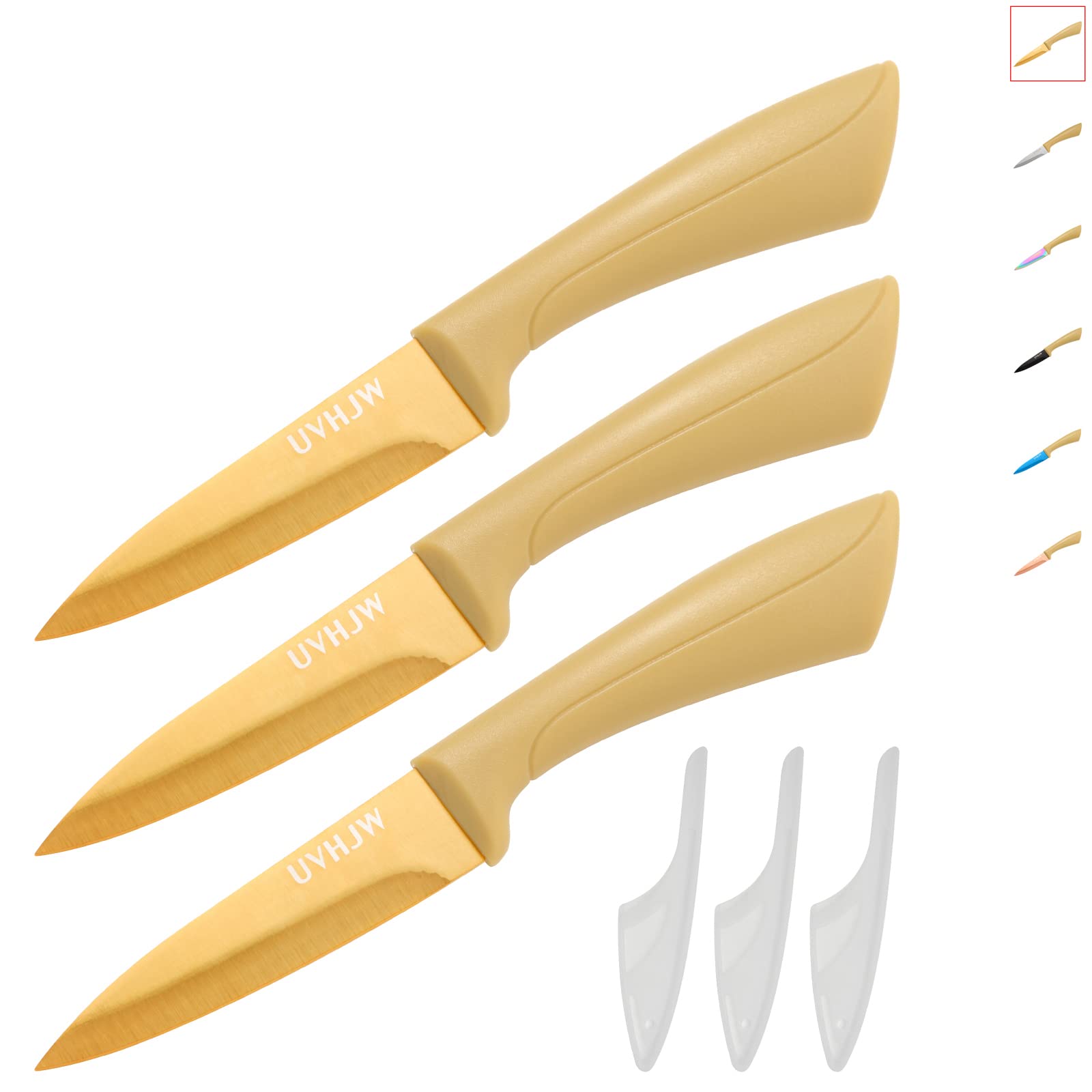 Gold Paring Knife with Sheath, Set of 3 PCS Kitchen knives, Fruit and Vegetable Small Knife Set, Sharp Kitchen Knifes, 3.5 inch Stainless Steel Knife for Home Kitchen Camping