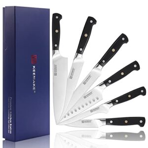 keemake kitchen knife set without block, professional sharp chef knife set with german 4116 stainless steel cooking knives set for kitchen with ergonomic black handle, 6 piece in gift box