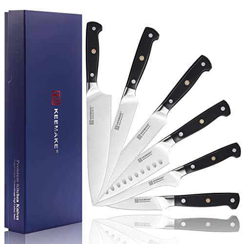 KEEMAKE Kitchen Knife Set Without Block, Professional Sharp Chef Knife Set with German 4116 Stainless Steel Cooking Knives Set for Kitchen with Ergonomic Black Handle, 6 Piece in Gift Box