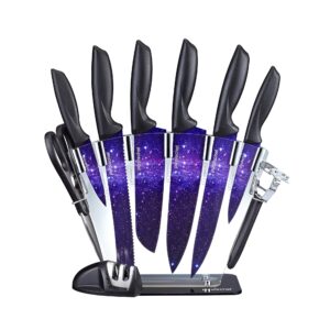 PurpleChef 10 Pieces Purple Galaxy Kitchen Knives Set. Includes 6 Stainless Steel Knives, Scissors, Knife Sharpener, Peeler, and Clear Acrylic Stand.