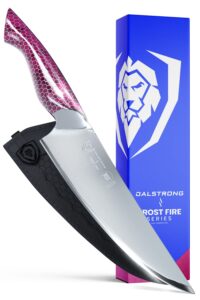 dalstrong chef knife - 8 inch - frost fire series - frosted amethyst edition - hc 10cr15mov stainless steel kitchen knife - sand blasted frosted - fuschia honeycomb handle - sheath - nsf certified