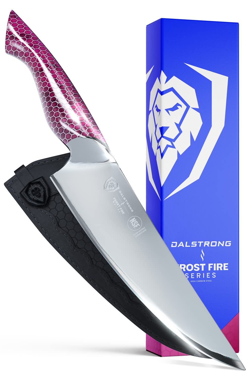 Dalstrong Chef Knife - 8 inch - Frost Fire Series - Frosted Amethyst Edition - HC 10CR15MOV Stainless Steel Kitchen Knife - Sand Blasted Frosted - Fuschia Honeycomb Handle - Sheath - NSF Certified