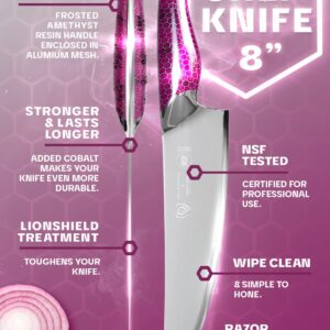 Dalstrong Chef Knife - 8 inch - Frost Fire Series - Frosted Amethyst Edition - HC 10CR15MOV Stainless Steel Kitchen Knife - Sand Blasted Frosted - Fuschia Honeycomb Handle - Sheath - NSF Certified