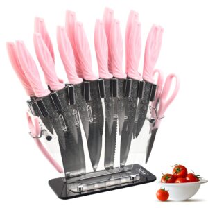 damascus knife set 18pcs non stick sharp kitchen knives set with acrylic block cutlery knives block set chef quality best gift pink handle