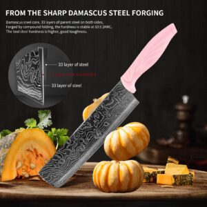 Damascus Knife Set 18Pcs Non Stick Sharp Kitchen Knives Set with Acrylic Block Cutlery Knives Block Set Chef Quality Best Gift Pink Handle