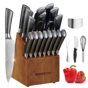 kitchen knife set with block - 24 pcs home essentials high carbon german stainless steel knives set, professional chef knife set with 8 steak knives, sharpener, carving fork & shears