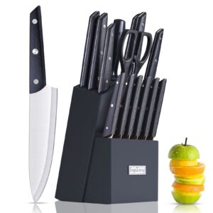 knife set with block, lapeasy 15 pieces kitchen knife set with black pine knife holder, knife block set with sharpener, high stainless steel knives with comfortable-grip abs handles.