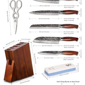 YARENH Kitchen Knife Set, 8 Piece Professional Damascus Chef Knives, Sharp High Carbon Stainless Steel Blade, 73 Layers, Full Tang, Dalbergia Wood Handle, Walnut Wooden Block and Sharpener Stone