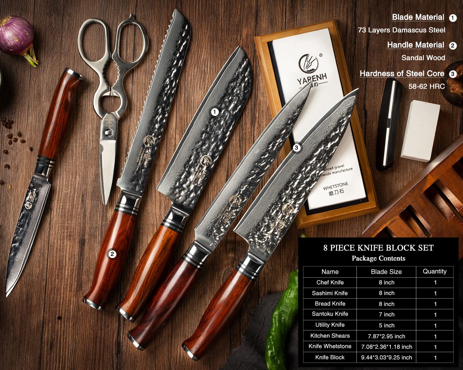 YARENH Kitchen Knife Set, 8 Piece Professional Damascus Chef Knives, Sharp High Carbon Stainless Steel Blade, 73 Layers, Full Tang, Dalbergia Wood Handle, Walnut Wooden Block and Sharpener Stone