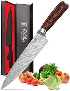 orblue chef knife, 8-inch high carbon german stainless steel kitchen chef's knife for cutting, chopping, dicing, slicing & mincing – professional cooking knife with ergonomic handle & sharp blade