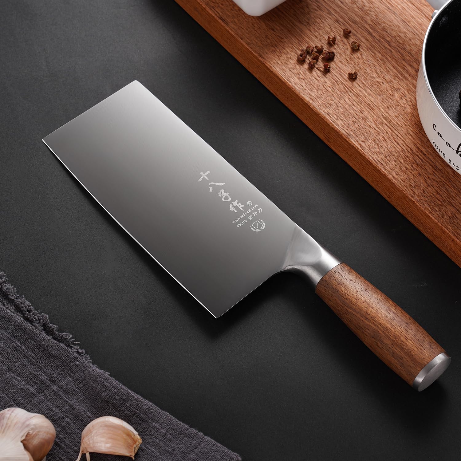 SHI BA ZI ZUO 7 Inches Stainless Steel Meat and Vegetable Cleaver Knife with Ergonomic and Sturdy Wooden Handle