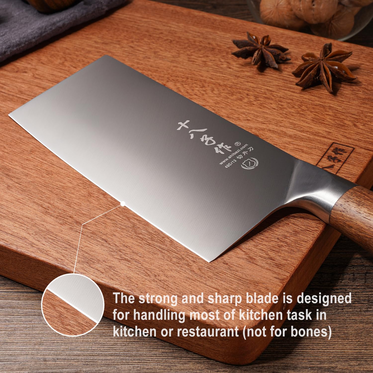 SHI BA ZI ZUO 7 Inches Stainless Steel Meat and Vegetable Cleaver Knife with Ergonomic and Sturdy Wooden Handle