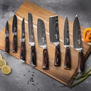 SENKEN 16-Piece Acacia Wood Knife Block Set with Laser Damascus Pattern - Includes Steak Knives, Kitchen Shears, Chef's Knife, Santoku, Cleaver & More