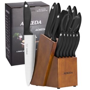 kitchen knife set,knife sets for kitchen with block and sharpener，15 pcs high carbon stainless steel block knife set and 6 steak knives