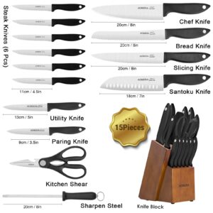 Kitchen Knife Set,Knife Sets for Kitchen with Block and Sharpener，15 Pcs High Carbon Stainless Steel Block Knife Set and 6 Steak Knives