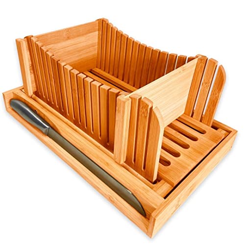 Bamboo Bread slicer, Bread Cutter guide adjustable, Bread Loaf Slicer cutting board & Crumb Catcher Tray, Stainless Steel Knife, Compact & Foldable 2 Bread guides-for homemade bread, cakes, bagels