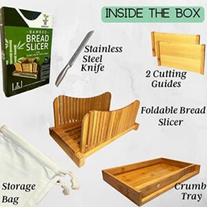 Bamboo Bread slicer, Bread Cutter guide adjustable, Bread Loaf Slicer cutting board & Crumb Catcher Tray, Stainless Steel Knife, Compact & Foldable 2 Bread guides-for homemade bread, cakes, bagels