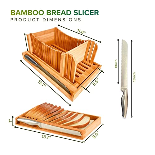 Bamboo Bread slicer, Bread Cutter guide adjustable, Bread Loaf Slicer cutting board & Crumb Catcher Tray, Stainless Steel Knife, Compact & Foldable 2 Bread guides-for homemade bread, cakes, bagels