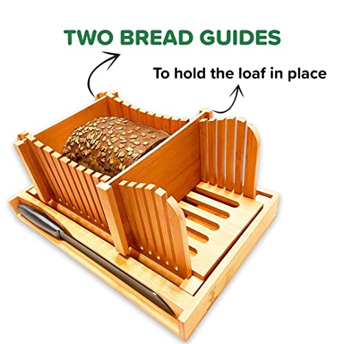 Bamboo Bread slicer, Bread Cutter guide adjustable, Bread Loaf Slicer cutting board & Crumb Catcher Tray, Stainless Steel Knife, Compact & Foldable 2 Bread guides-for homemade bread, cakes, bagels