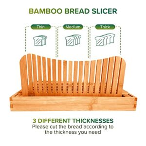 Bamboo Bread slicer, Bread Cutter guide adjustable, Bread Loaf Slicer cutting board & Crumb Catcher Tray, Stainless Steel Knife, Compact & Foldable 2 Bread guides-for homemade bread, cakes, bagels