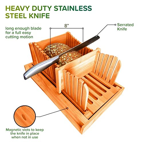 Bamboo Bread slicer, Bread Cutter guide adjustable, Bread Loaf Slicer cutting board & Crumb Catcher Tray, Stainless Steel Knife, Compact & Foldable 2 Bread guides-for homemade bread, cakes, bagels