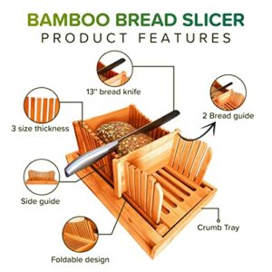 Bamboo Bread slicer, Bread Cutter guide adjustable, Bread Loaf Slicer cutting board & Crumb Catcher Tray, Stainless Steel Knife, Compact & Foldable 2 Bread guides-for homemade bread, cakes, bagels