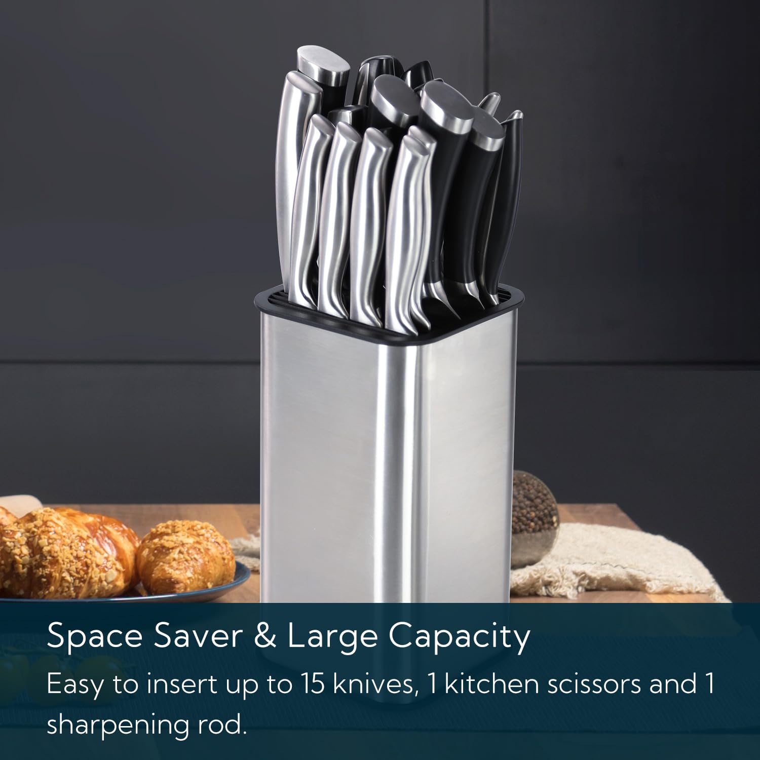 KITCHENDAO XL Stainless Steel Universal Knife Block Holder Without Knives, with Slots for Scissors and Sharpening Rod, Detachable for Easy Cleaning, Slotless Knife Holder Storage for Kitchen Counter