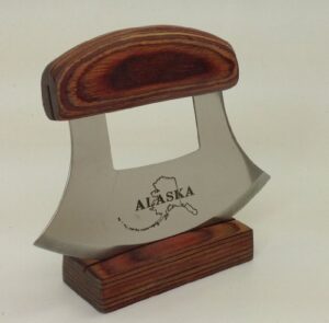 alaska ulu knife natural exotic wood stand etched blade