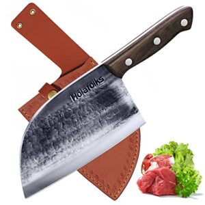 Kitchen Magnetic Knife Block & Serbian Chef Knife, Anti-Rust Oil Coating Kitchen Cooking Knife with Sheath