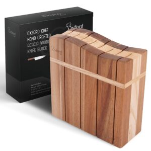 oxford chef wooden kitchen knife block - luxury hand-crafted acacia wood 8 slot storage block. can hold 8 knives up to 9" long. non-skid, non-scratch rubber feet