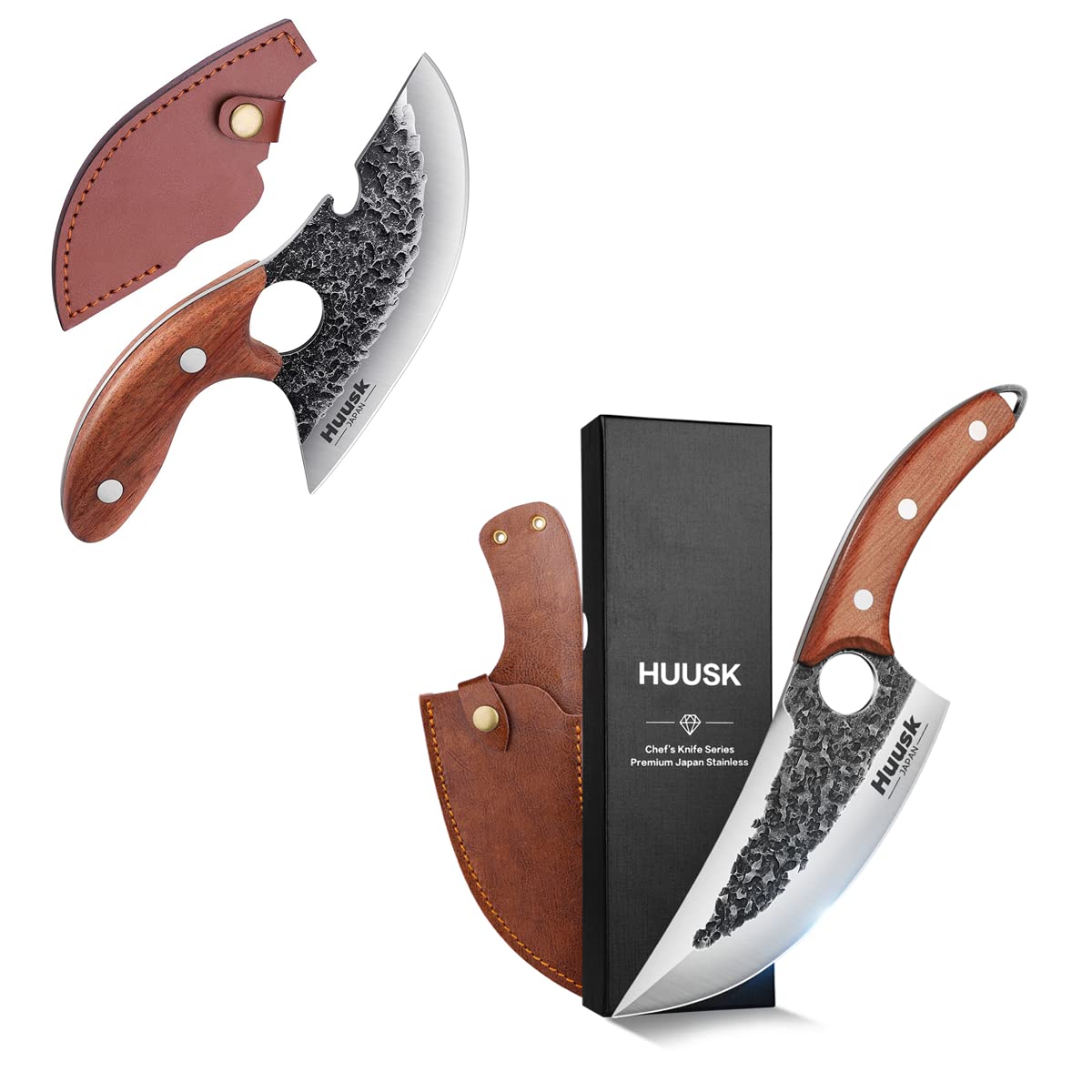 Huusk Cool Collectible Knives - Upgraded Chef Knife & Outdoor Camping Knife with Leather Sheath and Gift Box