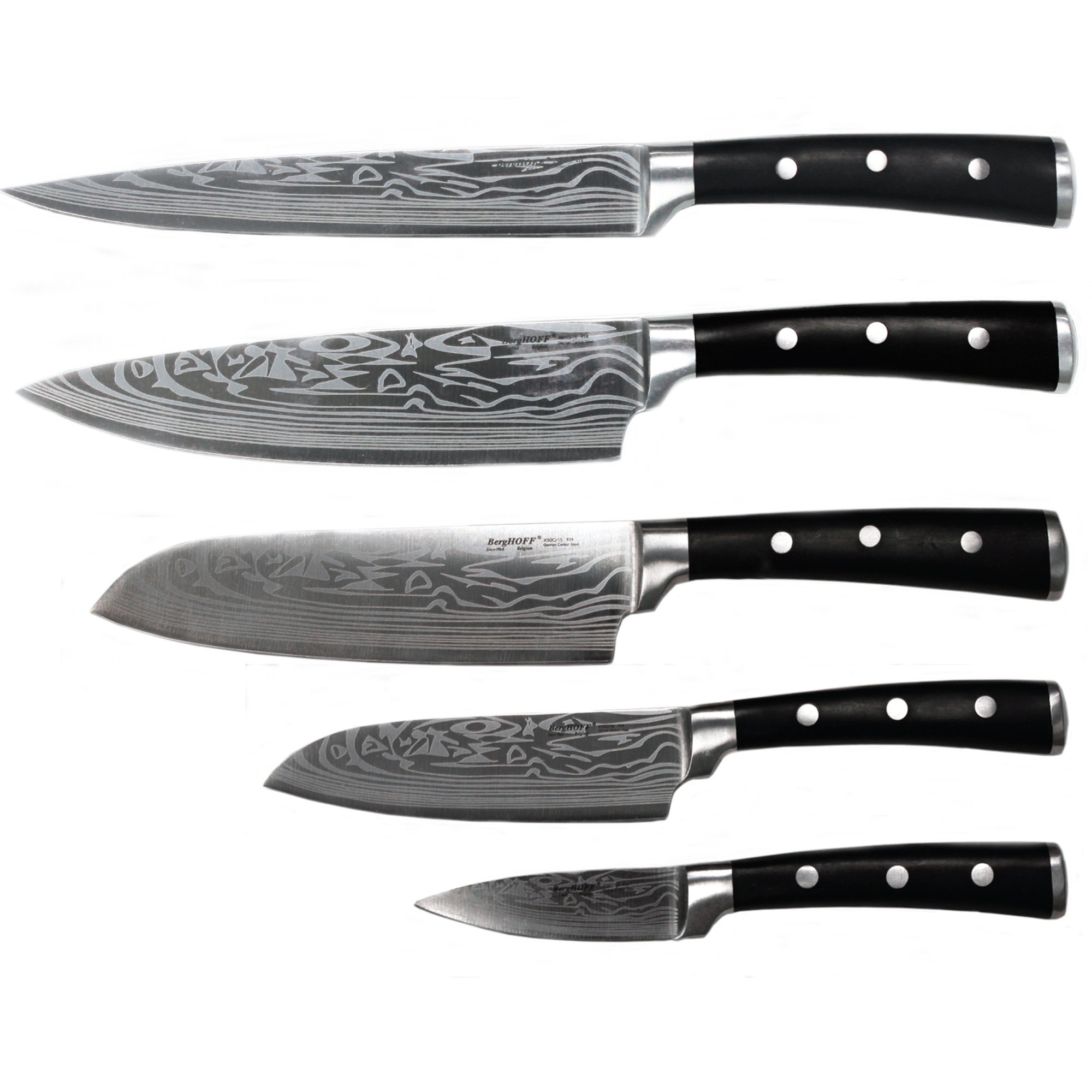 Berghoff Antigua 5Pc Knives With Case German Steel Etched Blade Ergonomically Designed Triple-riveted Handle Sharp & Well Balanced Satin Finish
