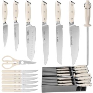 romanticist 16-piece german stainless steel sturdy durable kitchen knives, razor sharp,knife set with block,cutting board and knife sharpner, white