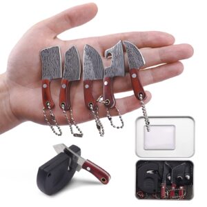 ruksifg 5 pcs mini knife set damascus chef knives edc knife set mini cleaver for package opener,box cutter,mini knives set with sheath and sharpener