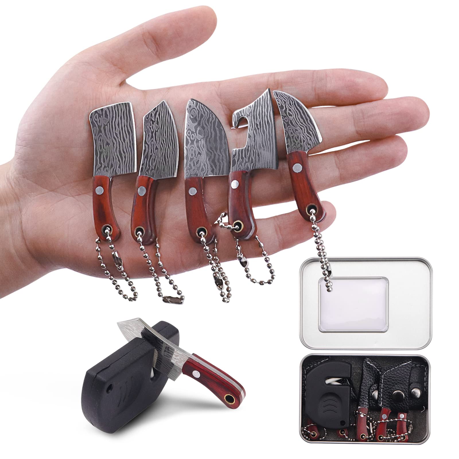 Ruksifg 5 Pcs Mini Knife Set Damascus Chef Knives EDC Knife Set Mini Cleaver for Package Opener,Box Cutter,Mini Knives Set with Sheath and Sharpener