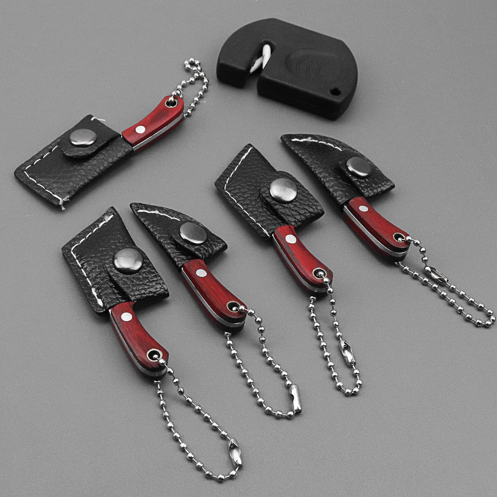 Ruksifg 5 Pcs Mini Knife Set Damascus Chef Knives EDC Knife Set Mini Cleaver for Package Opener,Box Cutter,Mini Knives Set with Sheath and Sharpener