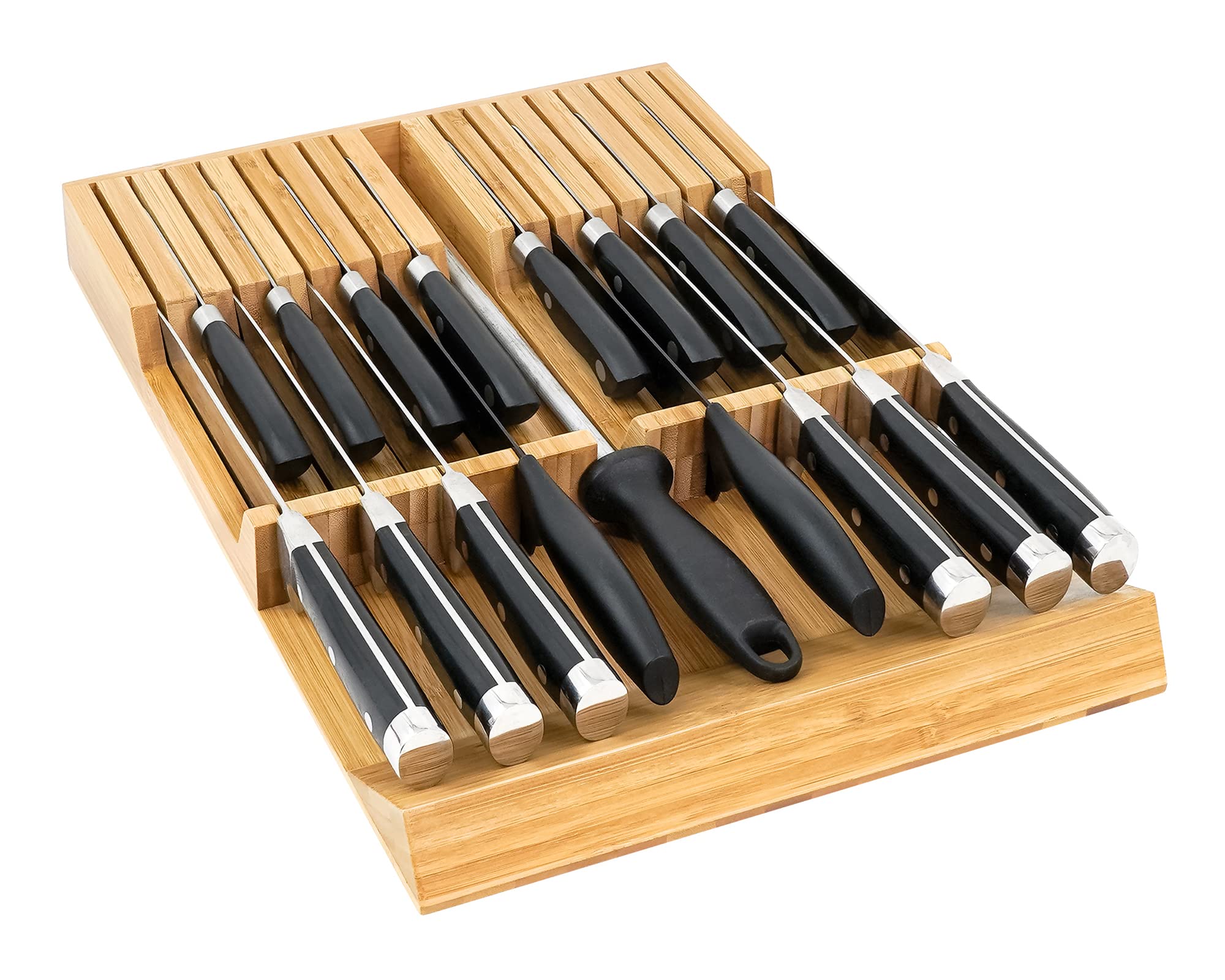 Diosbles In-drawer Bamboo Knife Block, Knife Drawer Organizer Insert, Kitchen counter organization, Knife holder without Knives, fit for 16 knives and 1 Sharpening Steel