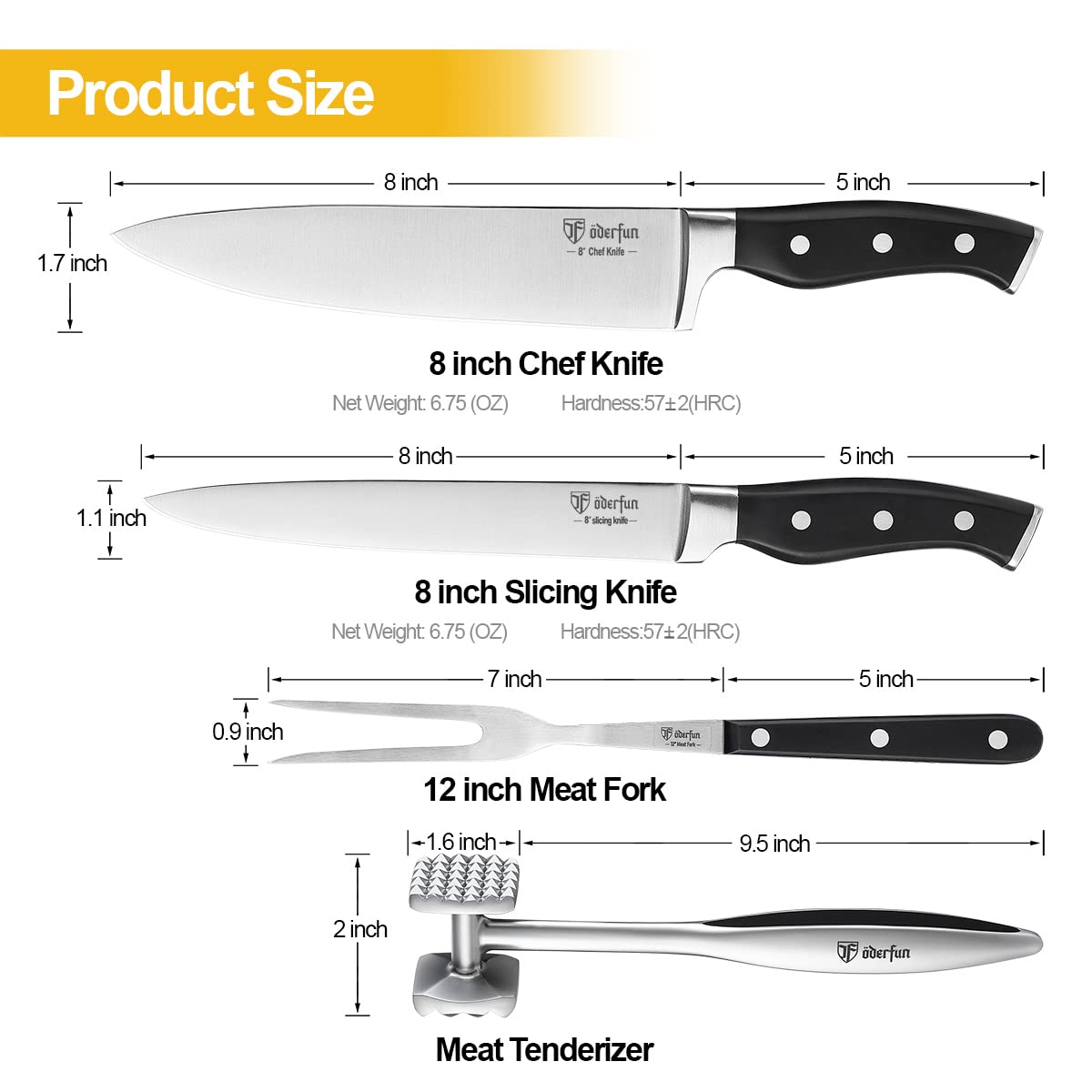 ODERFUN Carving Knife, Classic 4-Piece Carving Set, 8 Inch German Stainless Steel Carving Knife Fork Chef Knife meat tenderizer with Ergonomic & Full Tang Handle, Kitchen Knives for Turkey