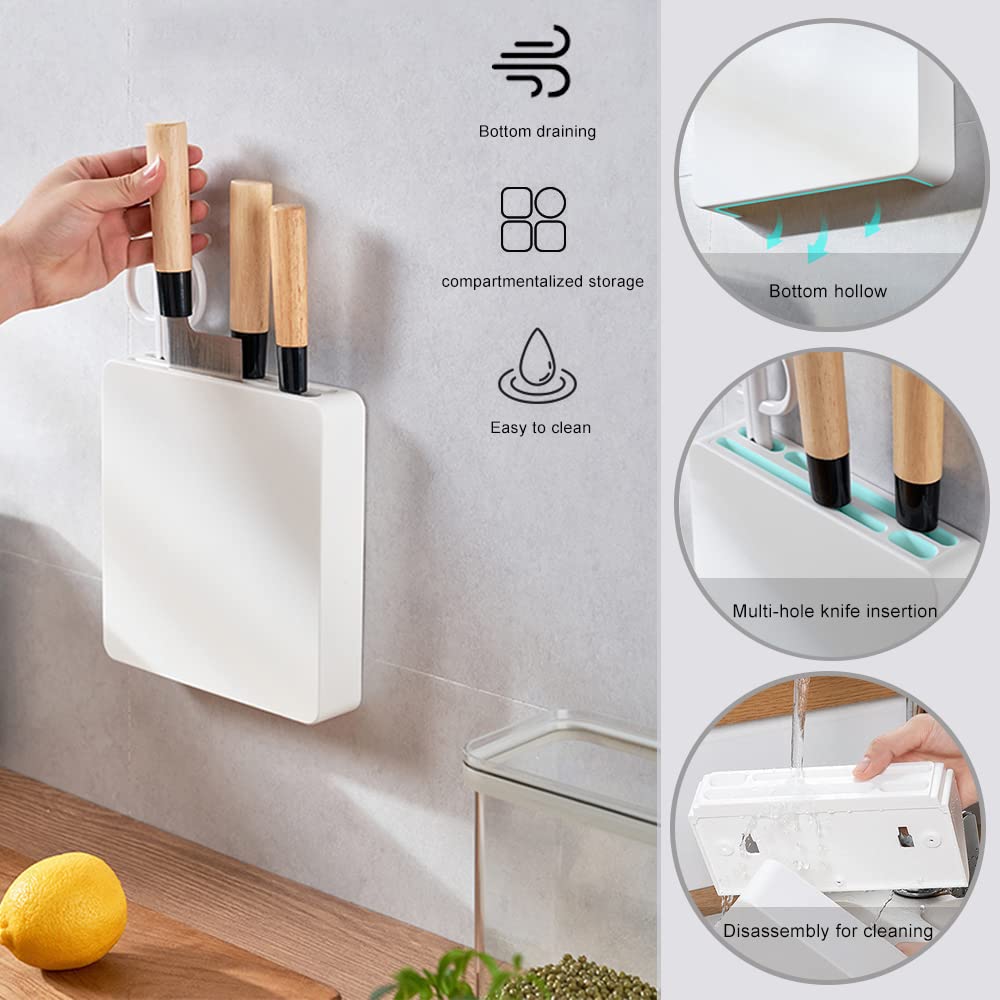 Universal Knife Block with 4 Slots, Wall Mounted White Knife Holder, Kitchen Knife Storage Stand Organizer, Self-Adhesive Knife Blocks Insert, Removable for Easy Cleaning