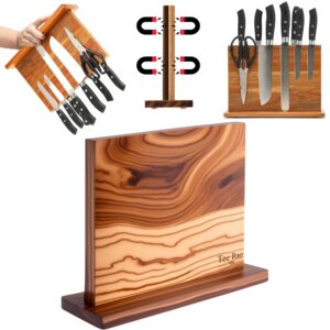 premium natural acacia wood magnetic knife block double sided magnetic knife holder stand for kitchen counter anti slip base knife block without knives knife storage universal knife block knife stand