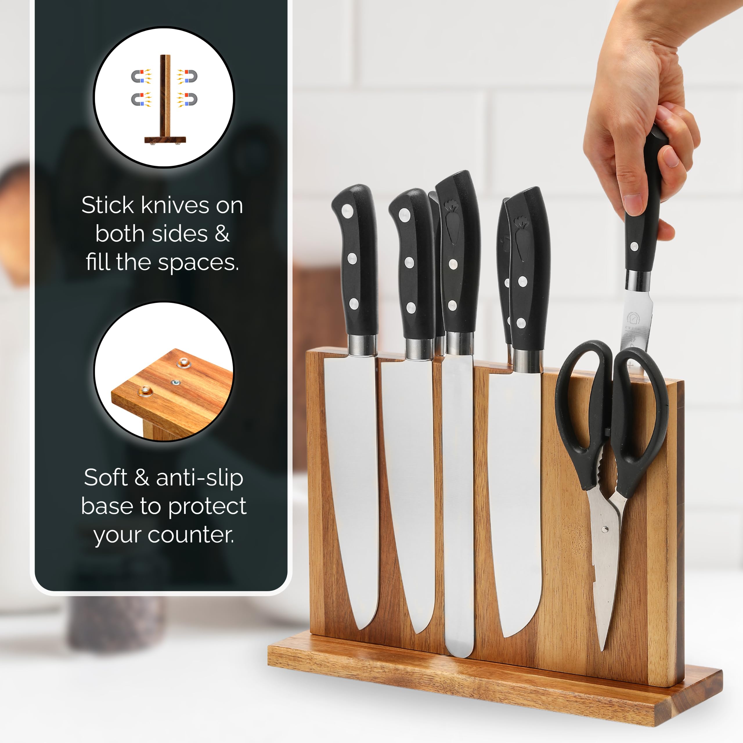 Premium Natural Acacia Wood Magnetic Knife Block Double Sided Magnetic Knife Holder Stand for Kitchen Counter Anti Slip Base Knife Block without Knives Knife Storage Universal Knife Block Knife Stand