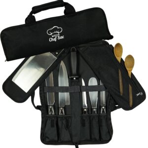 chef knife roll bag travel case | 8 pockets for knives & tools | 2 flaps with cleaver & mesh pocket | honing rod slot | chef knife case for professional & students | knives not included (black)