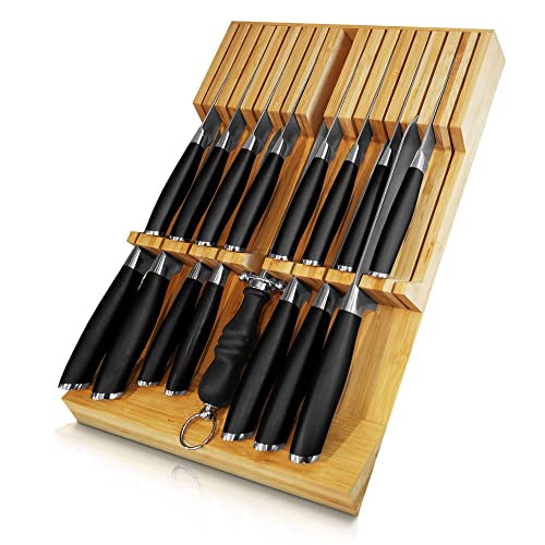 Kitchenero Knife Holder Extra Large 16.85x12.17" with Knife Sharpener Slot Premium Bamboo In-Drawer Knife Organizer Durable and Sustainable Updated Design Fits Most Standard Drawers