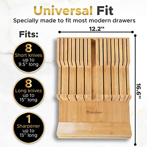 Kitchenero Knife Holder Extra Large 16.85x12.17" with Knife Sharpener Slot Premium Bamboo In-Drawer Knife Organizer Durable and Sustainable Updated Design Fits Most Standard Drawers