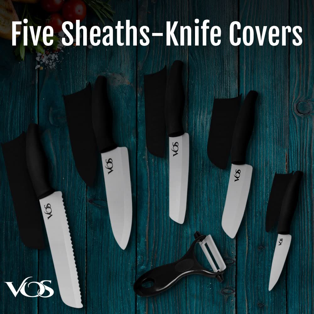 Vos Ceramic Knife Set, Ceramic Knives Set For Kitchen, Ceramic Kitchen Knives With Peeler, Ceramic Paring Knife 4", 5", 6", 7", 8" Inch Black