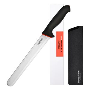 bolexino bread knife 10 inch serrated with sheath and wide wavy edge, professional bread knife for homemade bread, crusty breads, cake, bagel, 2.5mm thickened high carbon stainless steel