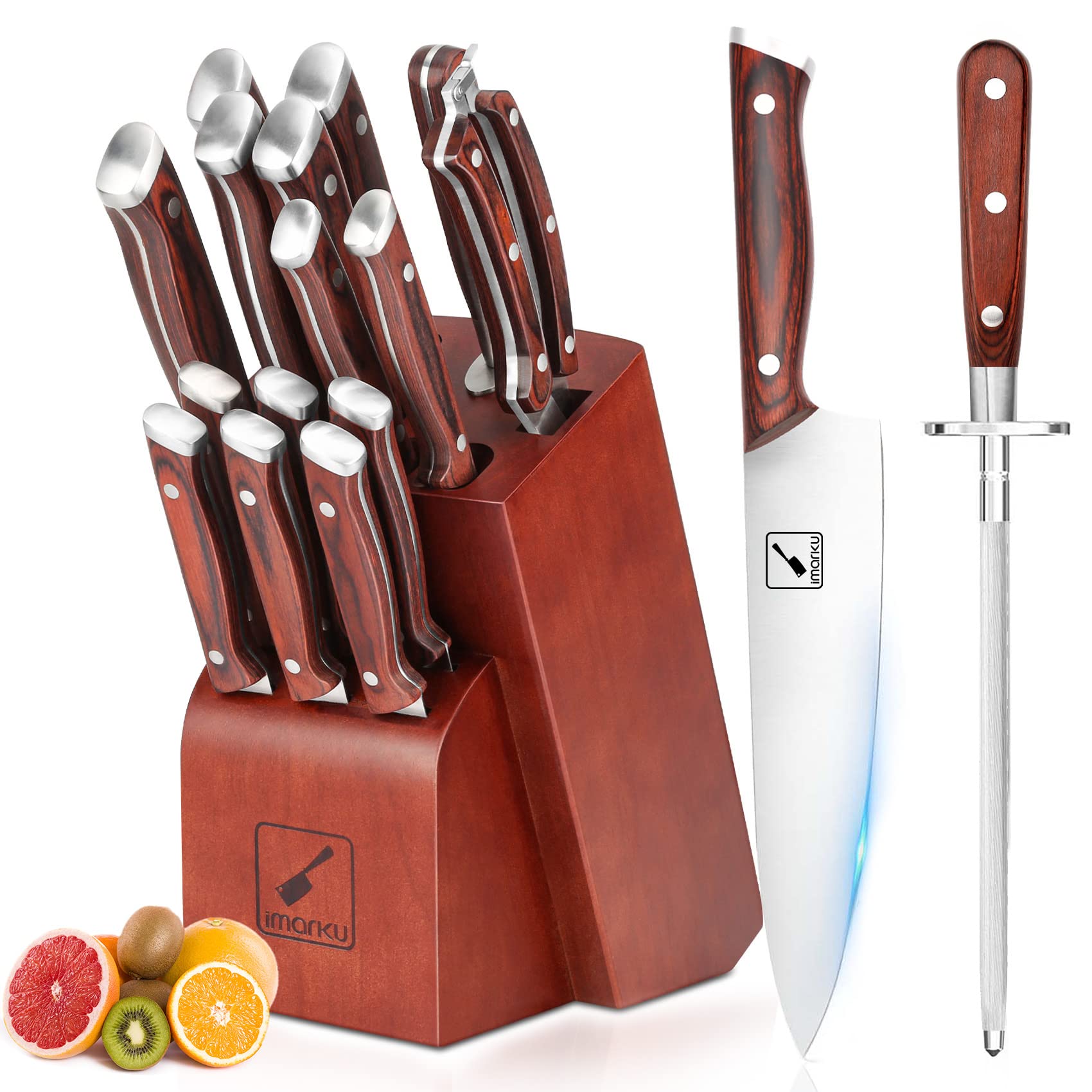 Kitchen Knife Set, imarku 16-Piece Professional Japanese Knife Set with Block, Chef Knife Set with Knife Rod, German High Carbon Steel Kitchen Knives Set