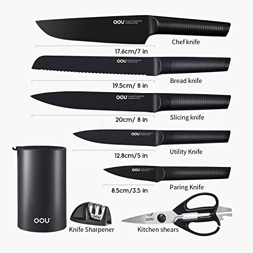 OOU Kitchen Knife Block Set - 8 Pieces High Carbon Stainless Steel Kitchen Knife Sets, Anti-Rust Black Knife Set with Universal Knife Holder